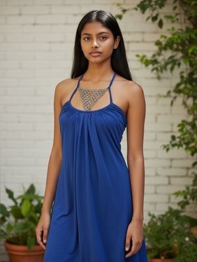 Royal Blue Halter Mini Balloon Dress with Metal Silver Rings Mesh Bib Neckline